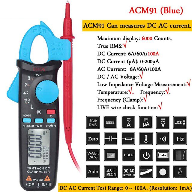 Bside True Rms Digitale Stroomtang Dc Ac Stroom Spanning Temp Condensator Tester Professionele Auto Reparatie Digitale Multimeter: ACM91 Blue