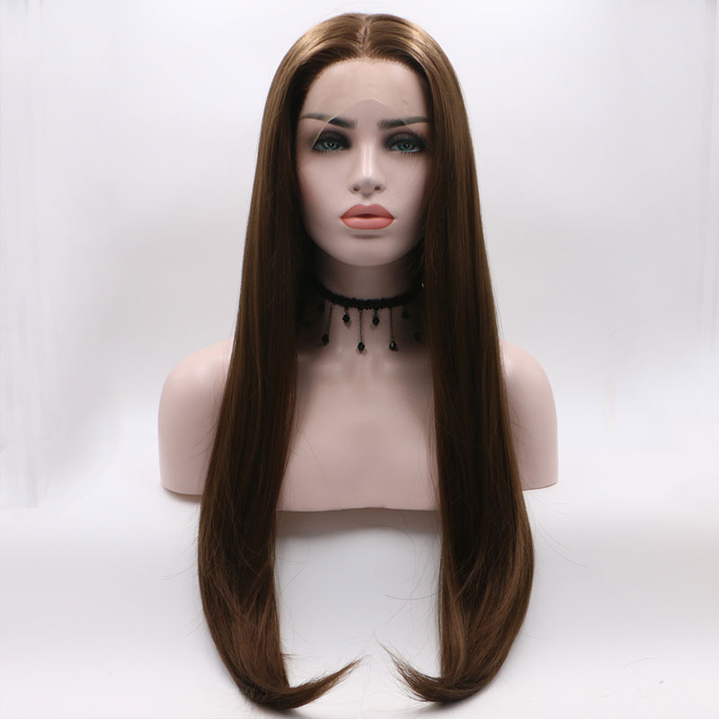 Bombshell Dark Brown Straight Synthetic Hair Lace Front Wig Glueless Heat Resistant Fiber Hair Natural Hairline For Women Wigs
