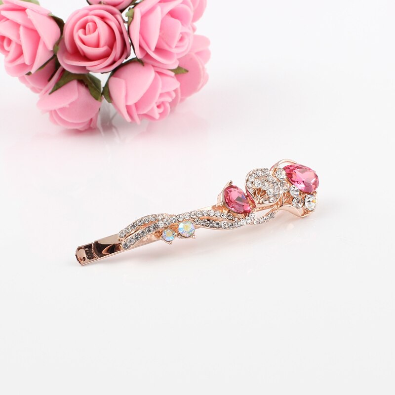 1 PC hair clip women flower rhinestones blue pink purple girls brand hairclip K9 crystal stones golden alloy head jewelry