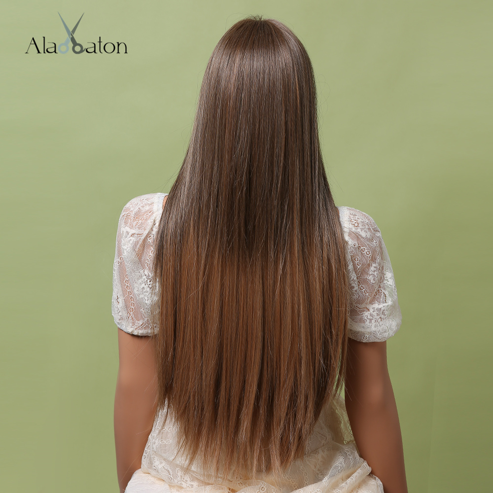 ALAN EATON Long Straight Ash Brown to Warm Brown Synthetic Lace Front Wig for Women Middle Part Heat Resistant Lace Hair Wigs