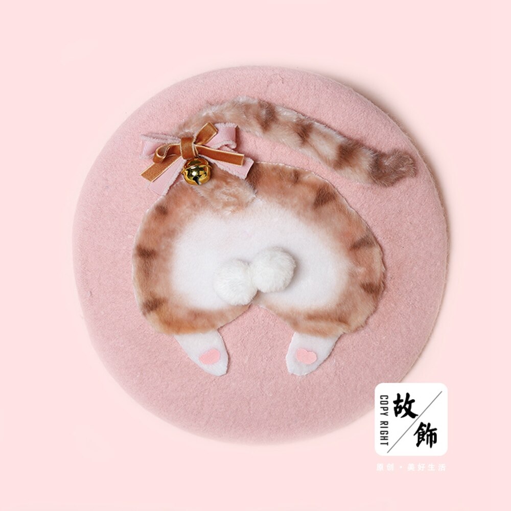 Meisjes Leuke Baret Cartoon Wol Blend Kat Butt Cap Beanie Vrouwen Top Hoed: Roze