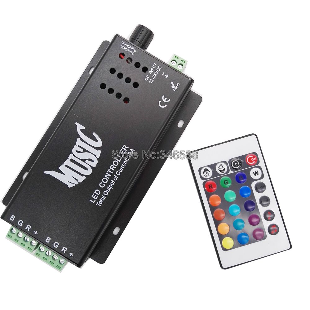 12V - 24V 12A Sound Activated Music Controller Black Color with 24key IR Remote Control 144W 2 Ports Output for RGB LED Strip