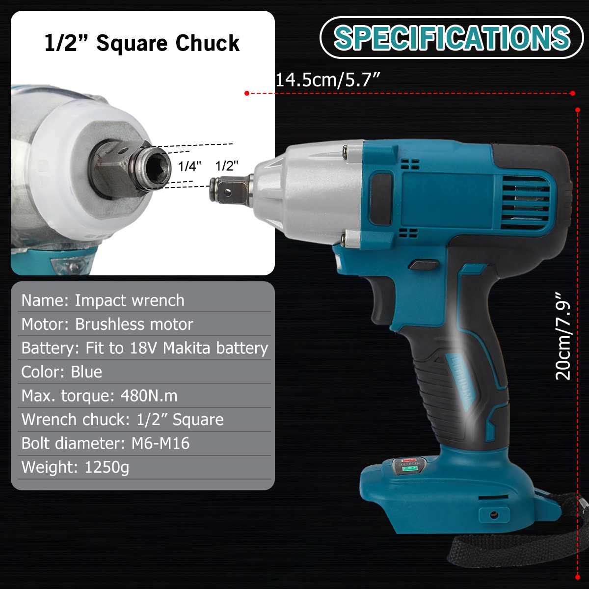 18V Cordless Impact Wrench Driver Motor 1/2 Square Electric Wrench 480N.M Torque With LED Light Adapted For Makita battery