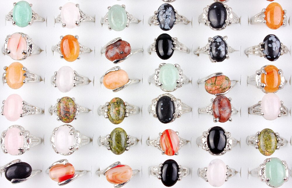 QIANBEI Lots 25Pcs Charms Mens Mix Style Natural Stone Silver Plated Finger Band Men Rings FREE