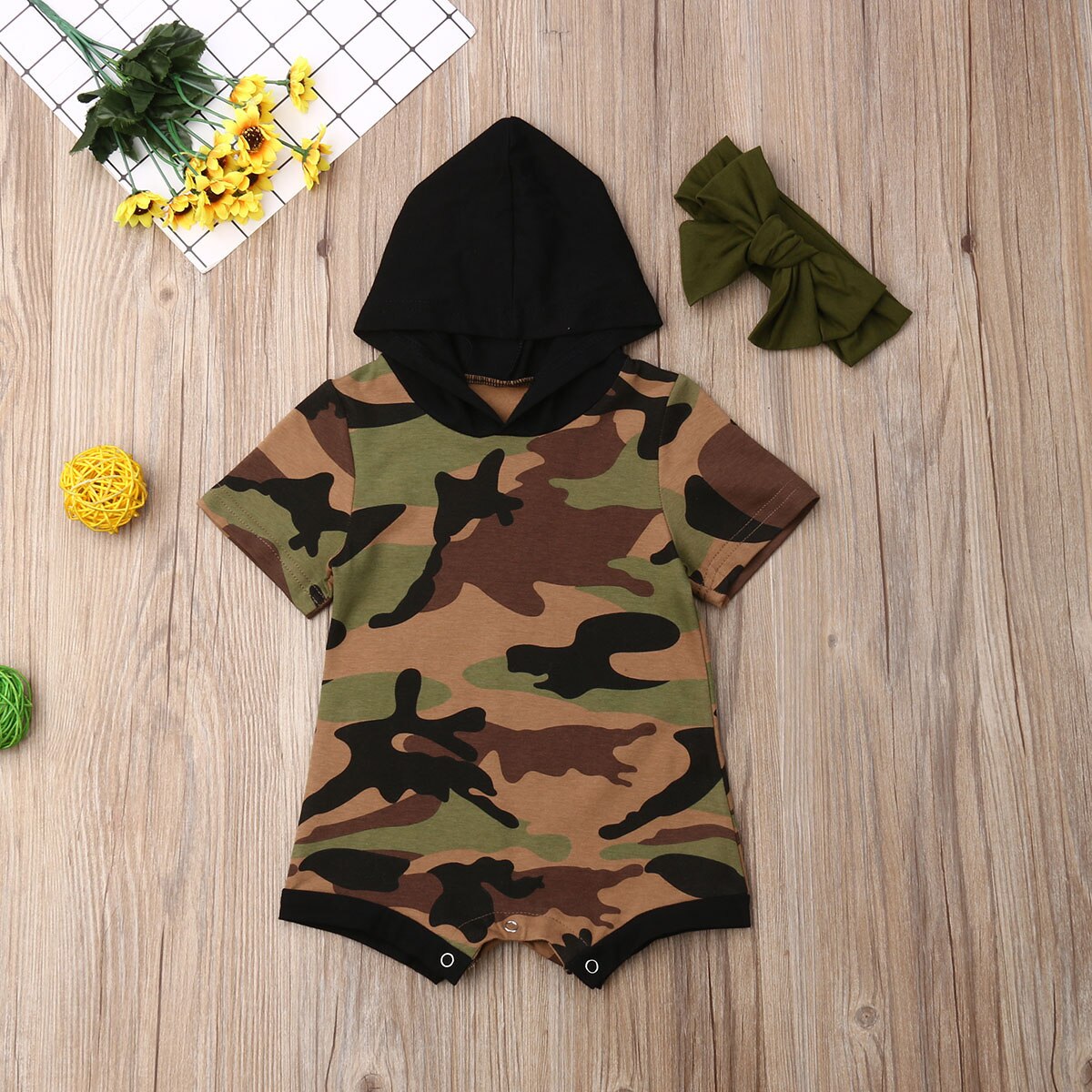 Kids Baby Girl Clothes Camouflage Hooded Short Sleeve Romper Jumpsuit Overall Outfit Set