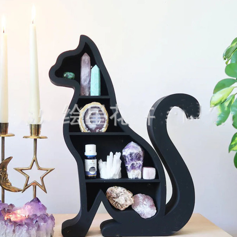 Kat In De Maan Kristal Houten Plank Kat Kristal Essentiële Olie Display Wall Plank Voor Opslag Woonkamer Slaapkamer Thuis decor: E