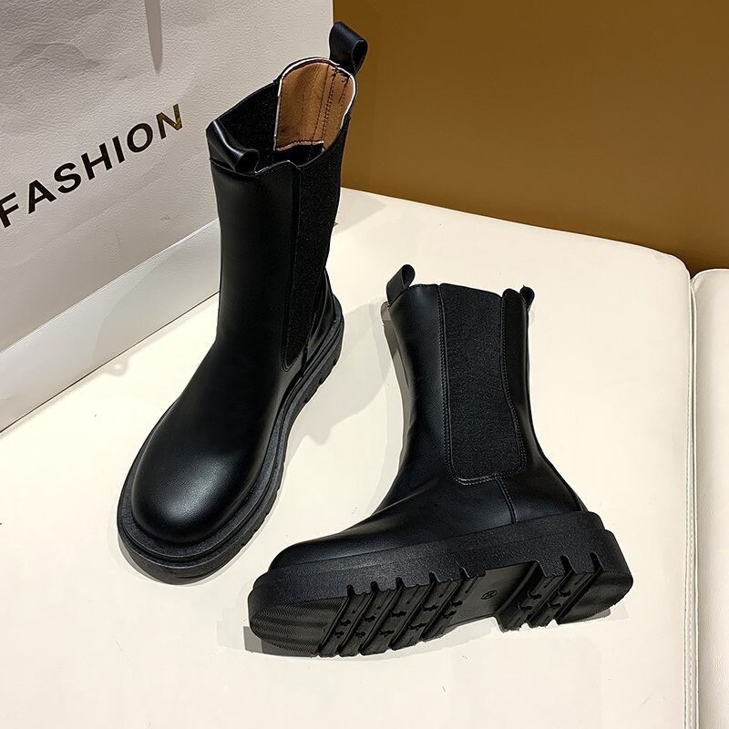 Kvinnor botas fyrkantig tå plattform tjock klack mid-calf boots kvinna slip-on chelsea booties höst vinter vit