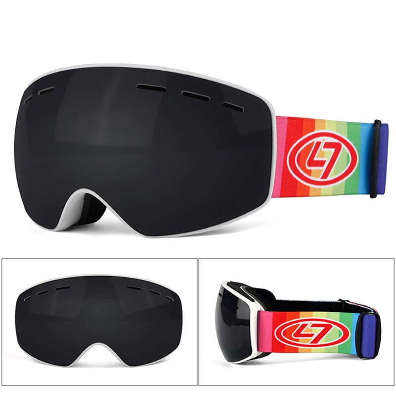 Inverno snowboard óculos de esqui para crianças dupla lente anti nevoeiro máscara à prova vento colorido banhado a grande quadro óculos de esqui crianças: Black White Frame