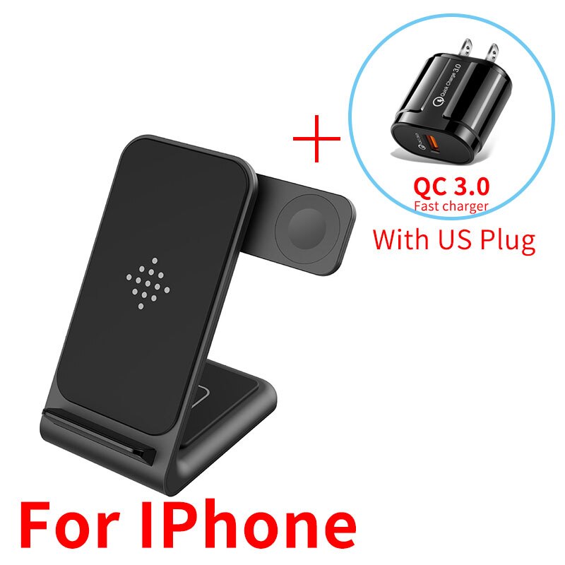 15W Draadloze Oplader 3 In 1 Snel Opladen Voor Iphone 12 11 Pro Xs Samsung S10 Draadloze Oplader Dock station Voor Airpods Iwatch 6: Black With US Plug