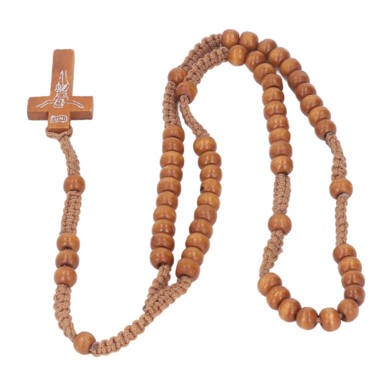F2 5pcs Wooden Rosary Jesus Imprint Catholic Unisex Style Natural Wooden Bead Cross Rosary Necklace Jewelry For Men Women Light