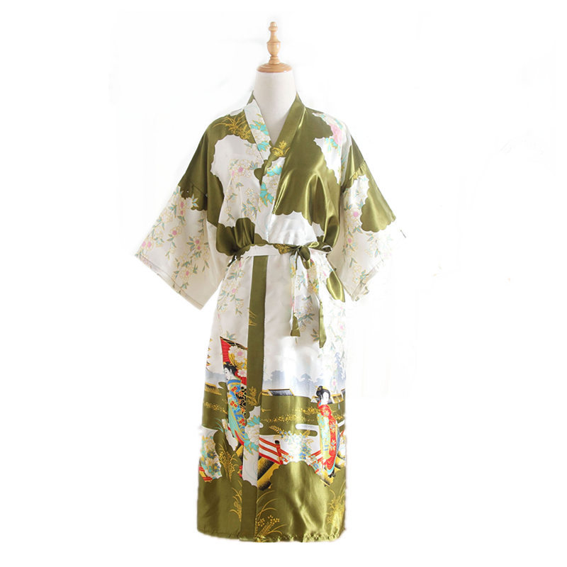 Japanese Kimono Style Cardigan Satin Bathrobe Long Pajamas Night Robe Yukata For Women Japanese Clothes Peacock Print: Beige