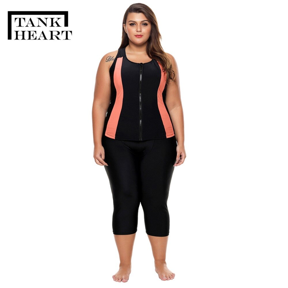 Tank Hart Zwarte rits Biquini Plus size badmode Vrouwen tankini Set Sport Tweedelige Badpak met Shorts badpak tankini XXXL