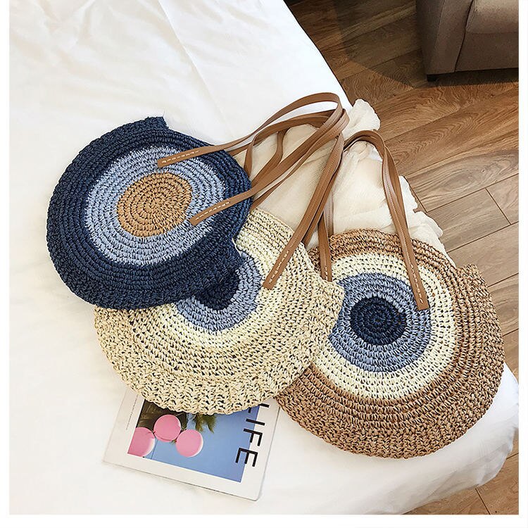 precioso bolso redondo de paja para mujer, bohemio, informal, de verano, tejido a mano, redondo, de mimbre, bolsos de playa, bolso de hombro de paja a la para mujer