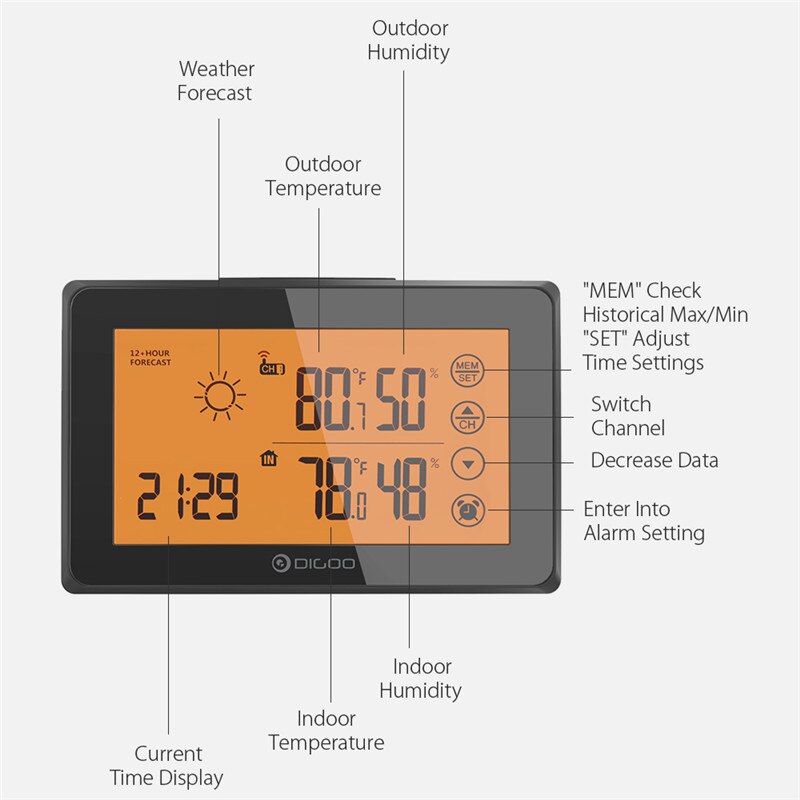 DIGOO-Alarma de estación meteorológica DG-TH0340, reloj con pantalla táctil de 12/24h, predicción de temperatura, alarma de humedad