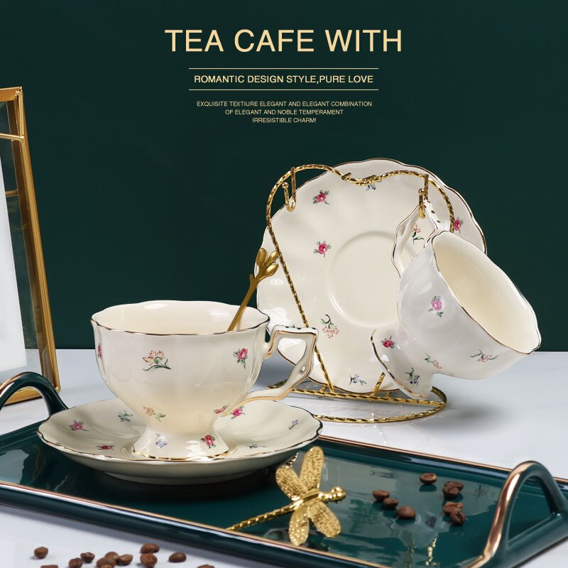 European Coffee Cup and Plate Set Ceramic British Gold Rim Teaware French Fancy Restaurant Afternoon Tea Cup with Saucer Spoon