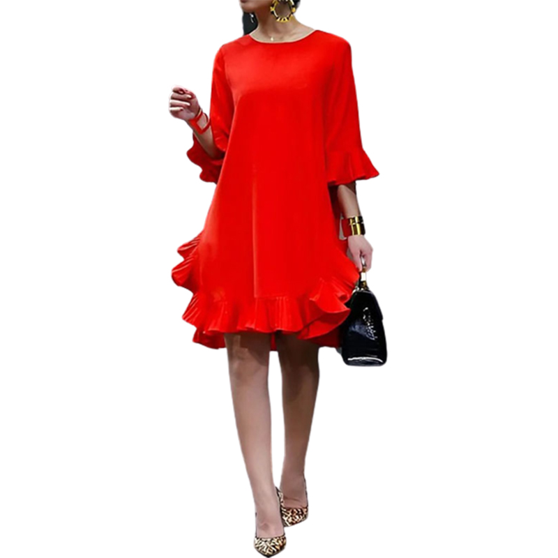 Robe de soirée élégante Falbala pour femmes, robes mi-longues rouges pour femmes, printemps, été, demi-manches, document solide, décontracté, 2024