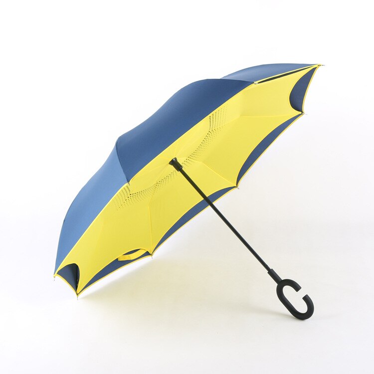 Winddicht Reverse Omgekeerde Lange Schacht Paraplu Dubbele Lagen Reverse Vouwen C-Haak Auto Paraplu: Yellow