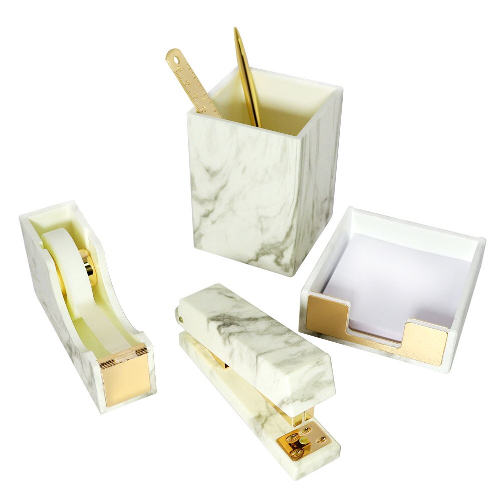 Marble Gold Desk Accessories Organizer Set Tape Dispenser Stapler for Desk Sticky Notes Holder Pencil Pen Holder Office Supplies