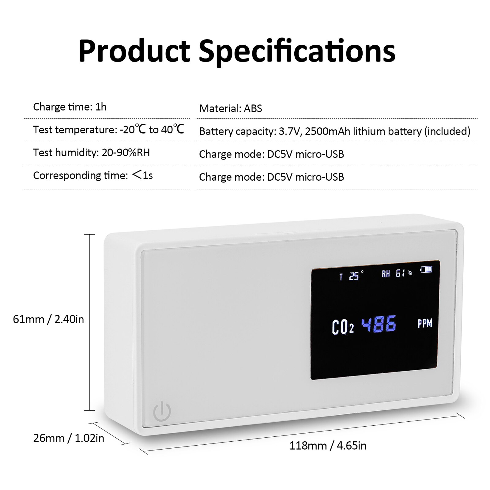 Household Air Detector CO2 Tester with Carbon Dioxide Value Electricity Quantity Temperature Humidity Display