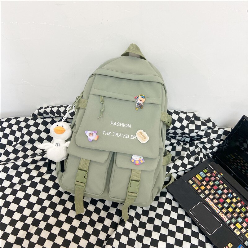 Moda wodoodporne kobiety plecaki nylonowa płócienna torba na ramię kobieta Bagpack duże tornistry szkolne dla nastolatka: green / With pendant