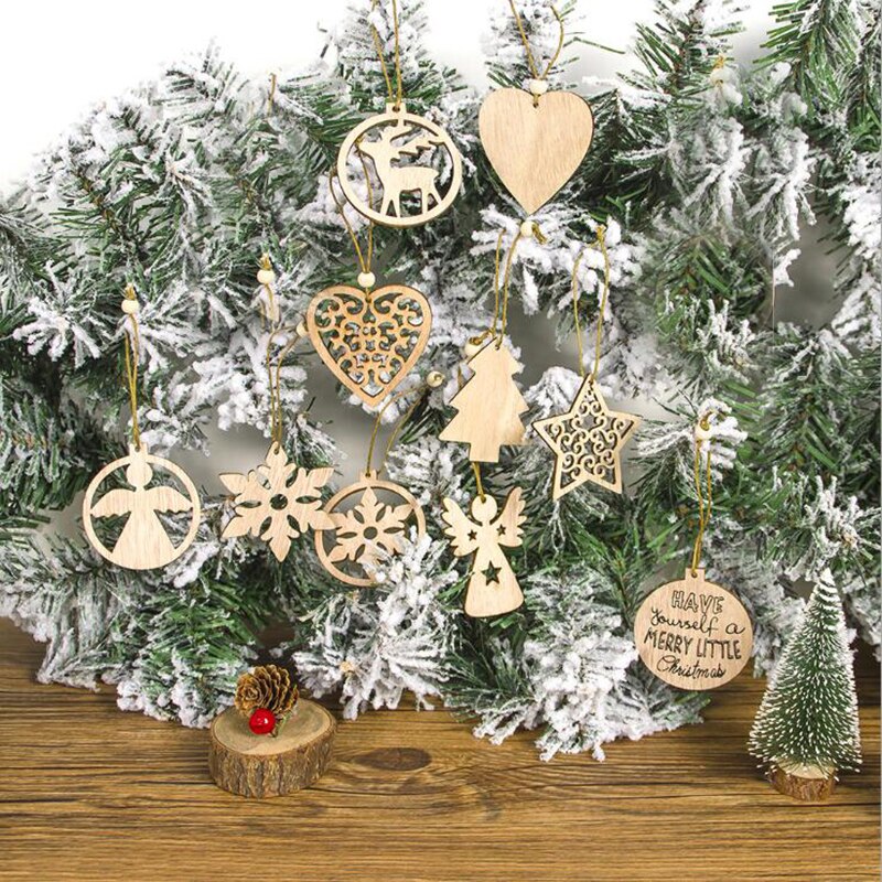 12pcs/Bag Wooden Hollow Out Christmas Snowflake Pendant Tree Decorations Xmas Angel Elk Star Wood Ornaments