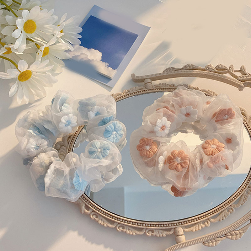 Scrunchies de malla con flores bordadas para mujer, cuerda para el cabello rosa y azul, tul transparente, lazos para el cabello de Organza, accesorios románticos para el cabello