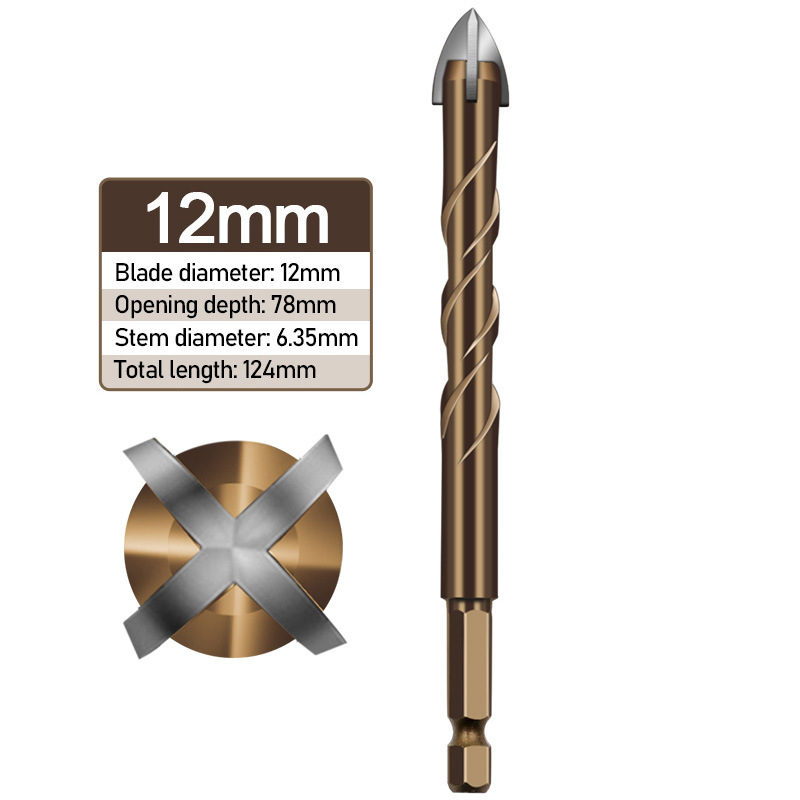 1Pc Hex Shank Spiral Groove Cross Alloy Four-edged Drill Bit Glass Ceramic Concrete Hole Opener 3/4/5/6/8/10/12MM: 12mm