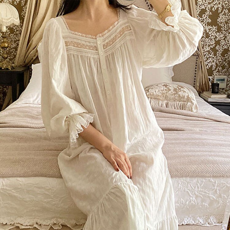 Lente Vrouwen Nachtkleding Prinses Katoen Crêpe Lange Mouwen Lace Geplooide Pyjama Sleepshirts Kant Vintage Dame Nachtjapon Nachtjapon: long sleeves / S