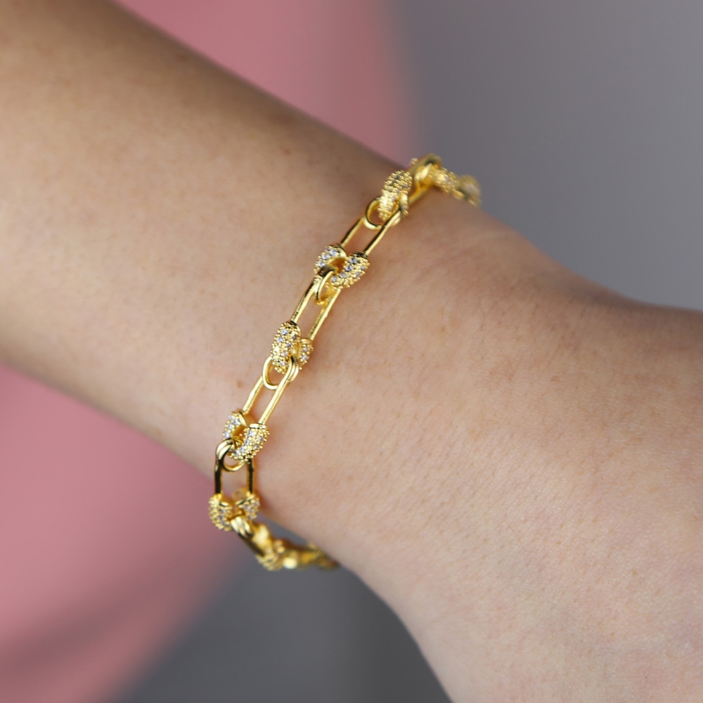 Gold silver color 5A sparking bling cz safety pin link chain bracelet for women 15+4cm extended