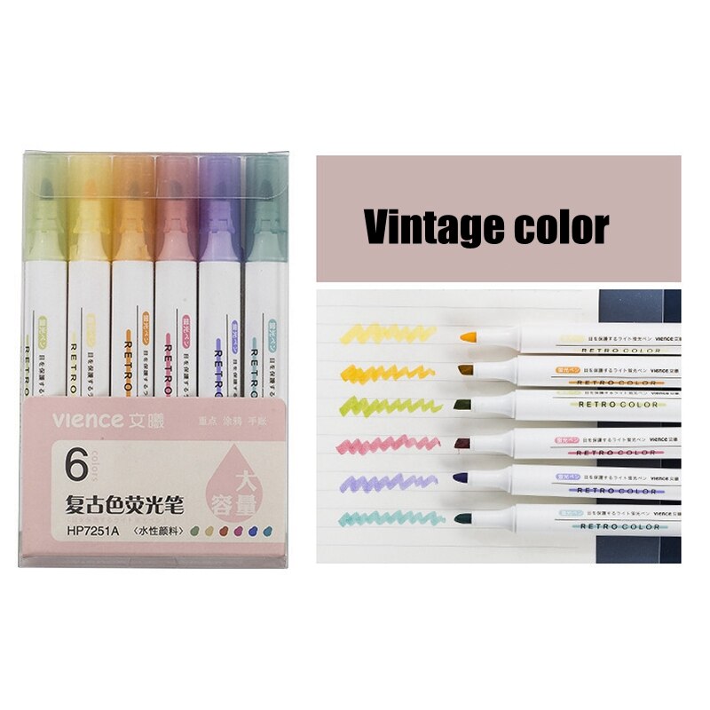 6 Stks/set Creatieve Markeerstift Fluorescerende Potlood Candy Kleur Tekening Graffiti Marker Art Pennen Voor School Kantoorbenodigdheden: Vintage color