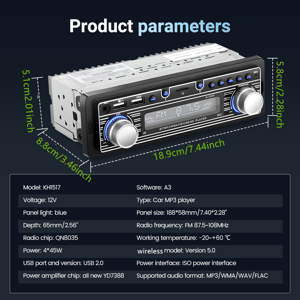 Bil bluetooth  mp3 -afspiller, enkeltspindelmaskine, bilradio, dobbelt usb-opladning, tf-afspiller