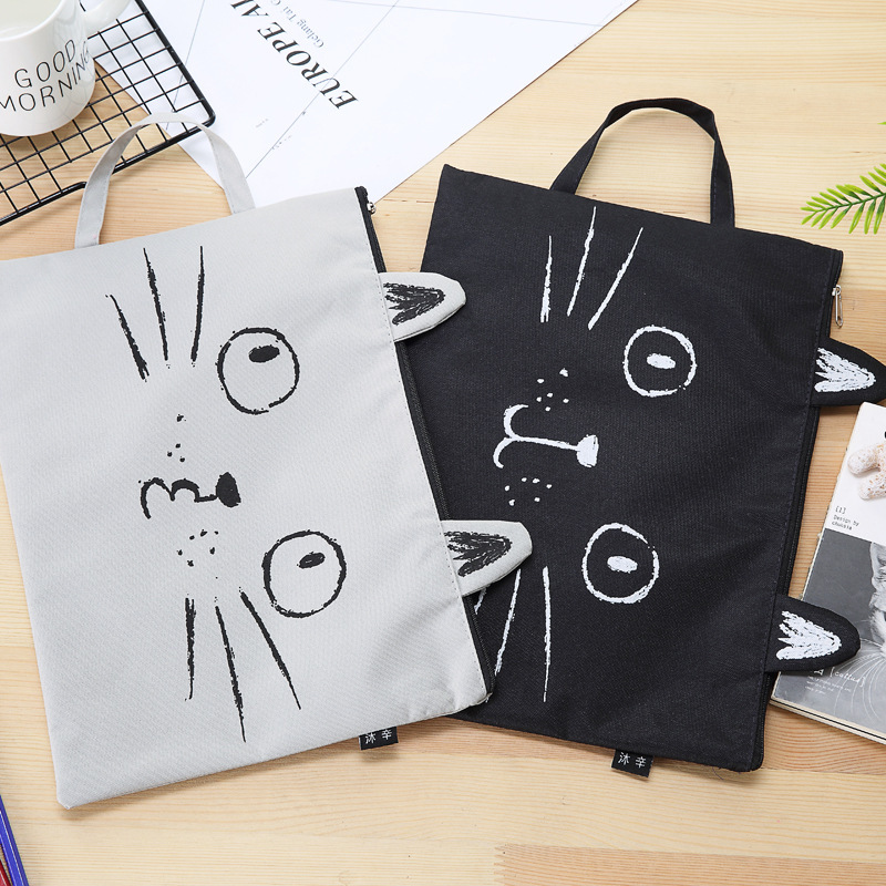 EZONE A4 Canvas File Bag File Folder Cute Cat Document Bag Paper Storage Bag Students Stationery Office School Supply