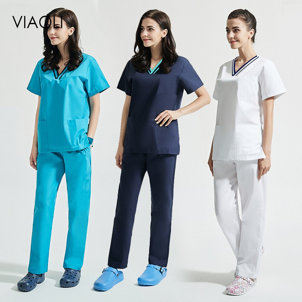 Kortærmet v-hals scrubs toppe scrubs bukser spa uniform arbejdsuniform jakkesæt scrub uniform overalls tøj kvinder mænd arbejdstøj