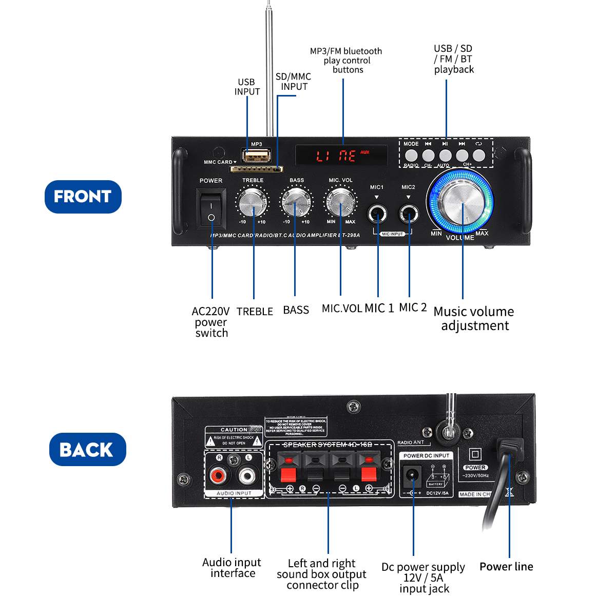 110/220V 600W Home Amplifier Audio bluetooth Amplifier Subwoofer Amplifier Home Theater Sound System Mini Amplifier