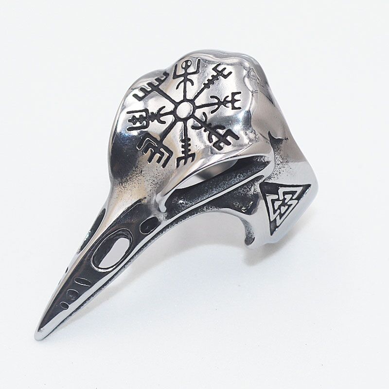 Vintage Viking Style Odin Crow Skull Compass Ring Suitable for Men&#39;s Gothic Jewelry Amulet Ring: AL2224-Silver