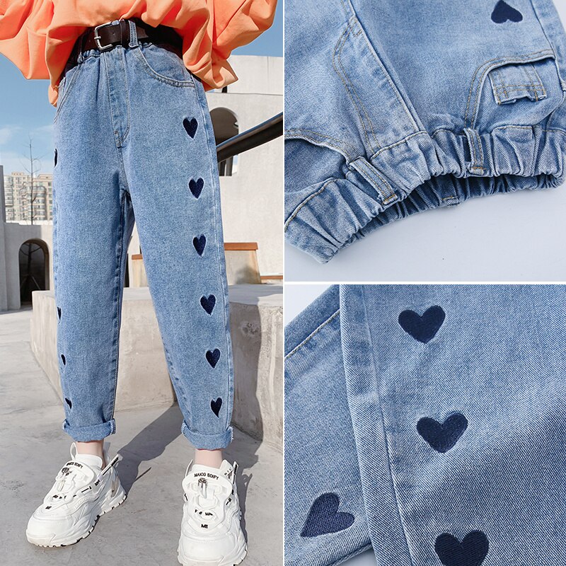 Voorjaar Meisjes Broek Blue Jeans Geborduurde Liefde Hart Katoen Denim Broek Zonder Riem Casual Lange Broek Kind Jeans