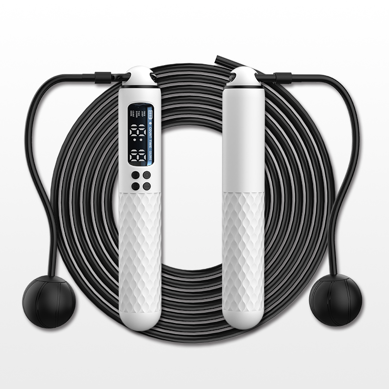 Neue wiederaufladbare USB-Springseil mit elektronischer Technologie, Drahtseil, verstellbarer Springseil-Trainer, digitaler drahtloser Kalorienzähler: WHITE