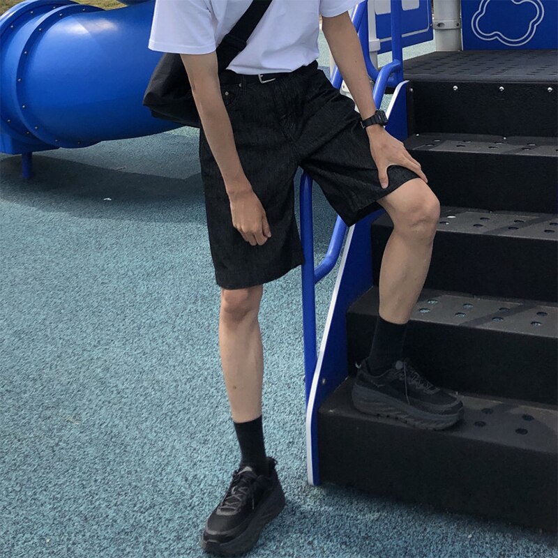 Mænd 2 stk sæt (skjorte+shorts) sort denim kortærmet afslappet skjorte shorts mandlige japan korea streetwear hip hop skjorte