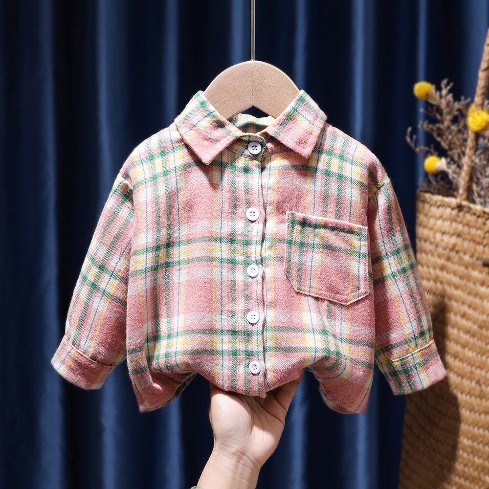 Camisas a cuadros para niñas, ropa cálida de algodón para niños, blusa informal clásica de manga larga con botones, color rosa y verde