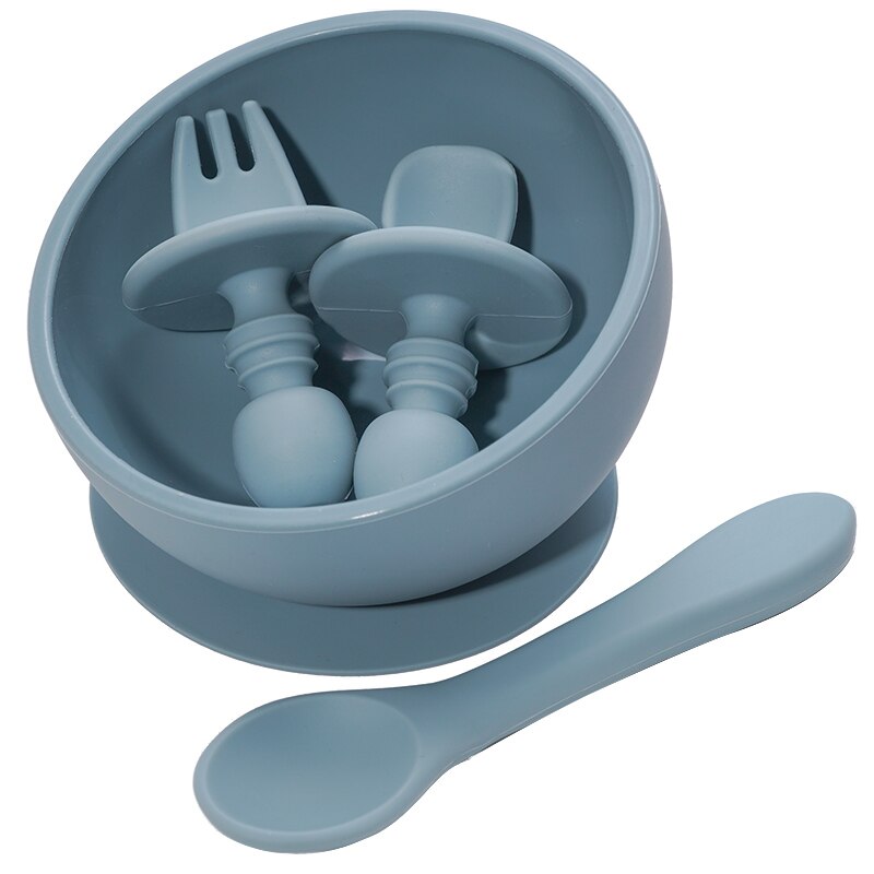 4 stk sæt baby bordservice børns bærbare mini gaffel ske lille skål plade og silikone ske børn: Æter