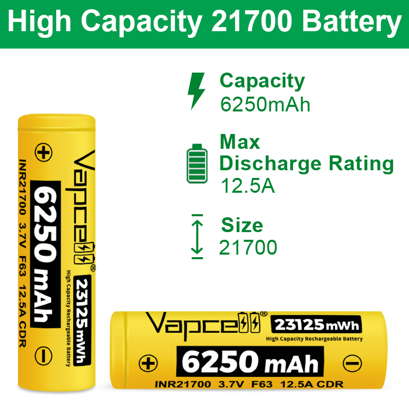 Highest capacity Vapcell 21700 F63 6250MAH 12.5A lithium battery for flashlights and toy cars