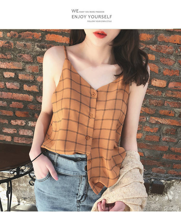 Women Plaid Sling Shirt Female Short Sleeve Elastic Blouse Summer Lady Small Tops: XXL / Orange
