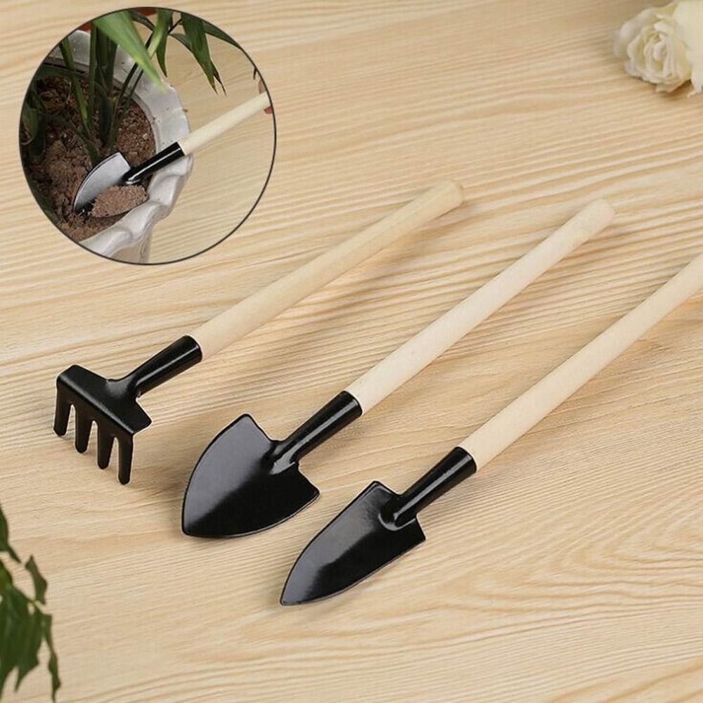 3 unids/set Mini pala Harrow maceta herramientas de plantas en macetas de mango de madera suelos palas herramientas de jardinería