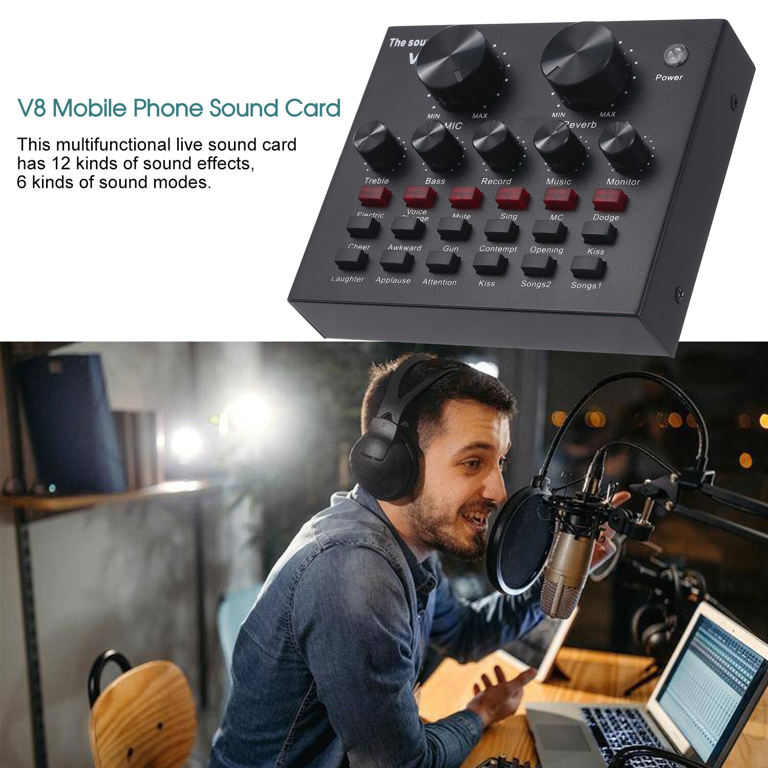 Tarjeta de sonido para teléfono móvil V8, micrófono Bluetooth en vivo, tarjeta de sonido externa USB, Chip DSP, 12 efectos de sonido para teléfono, ordenador y PC