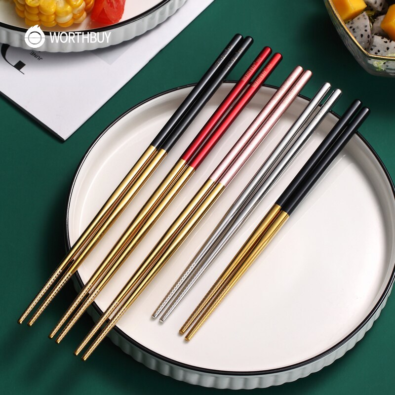 WORTHBUY 5 Pairs Juego de coloridos palillos chinos de acero inoxidable 304 para palillos de comida de Sushi palillos chinos reutilizables antideslizantes