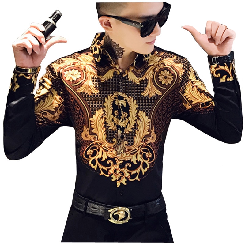 Luxury Gold Print Shirt Mens Men Long Sleeve Shirts Party NightClub Tuxedo Shirts Casual Slim Fit Streetwear Blouse Homme