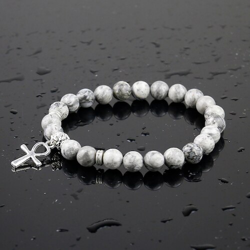 Ägyptischen Ankh Kreuz Natürliche Onyx Stein Armband Frau, Schmuck Frauen Männer Ägypten Hieroglyphen, Crux Ansata Amulett: Gray Map