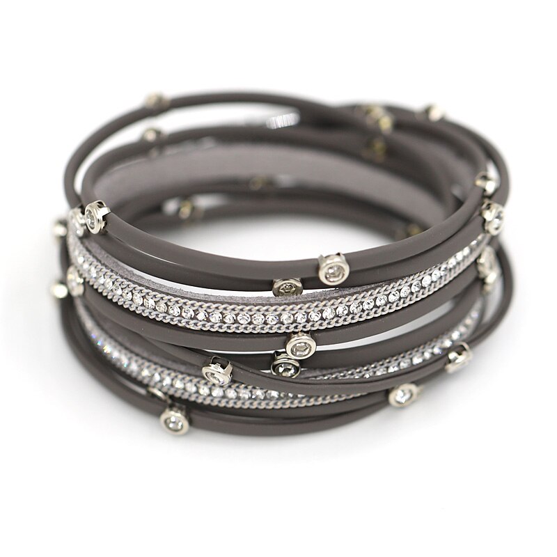 Mode Vrouwen Lederen Armband Multilayer Touw Cirkel Handgemaakte Ingelegd Rhinestone Magneet Sluiting Bangle Armbanden Zomer Sieraden: B9008d Gray