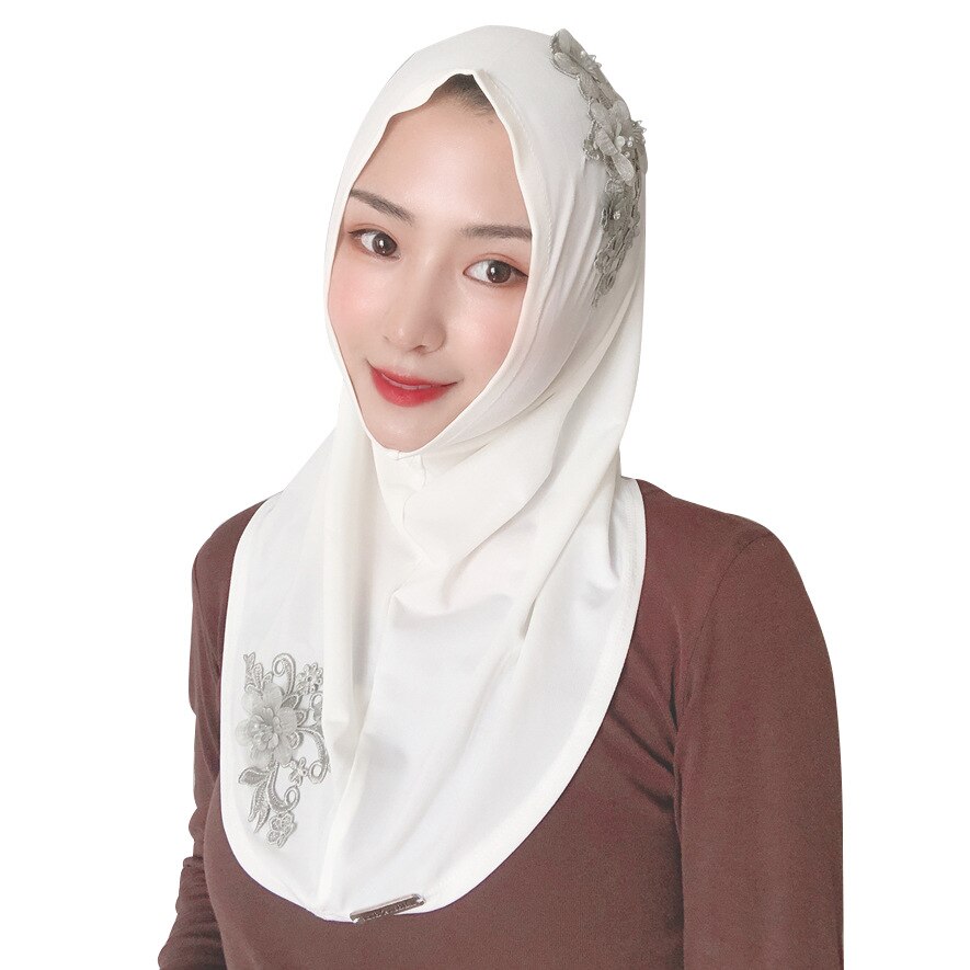 Muslim Headscarf Floral Lace Embroidery, Women's Summer Veil,spandex Elastic Instant Hijab Wrap: white grey