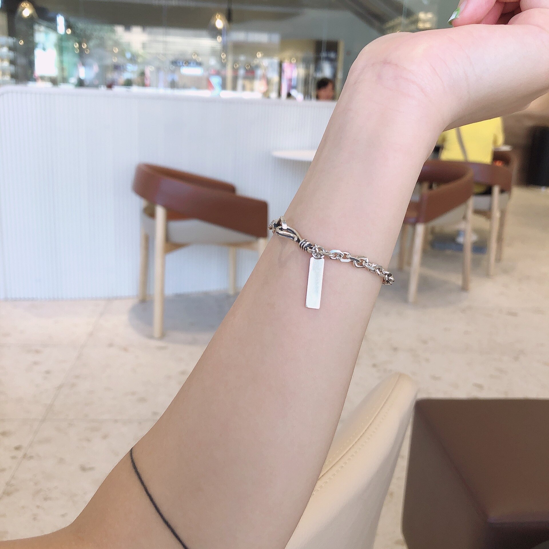 Pulsera larga con cadena de plata fina S925 para mujer, brazalete con acabado antiguo Vintage tailandés, cadena gruesa, joyería de plata Simple